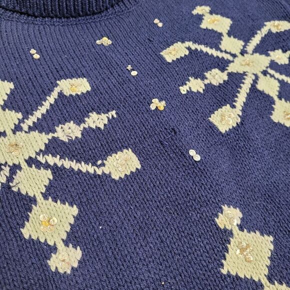 VINTAGE 90s navy blue sequined snowflake turtleneck hand loomed sweater M - Picture 6 of 9